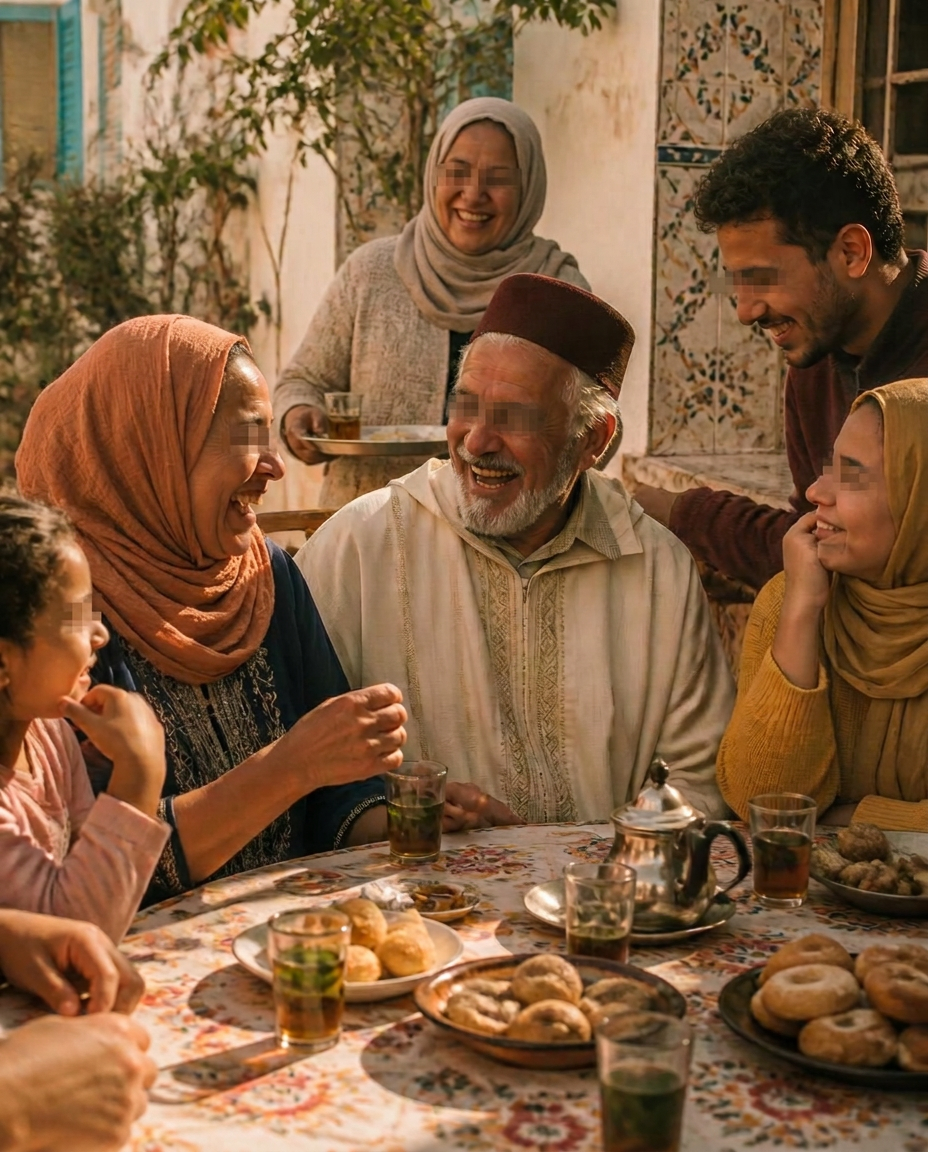 Trois générations d'une famille tunisienne rient autour d'une table de thé et de pâtisseries